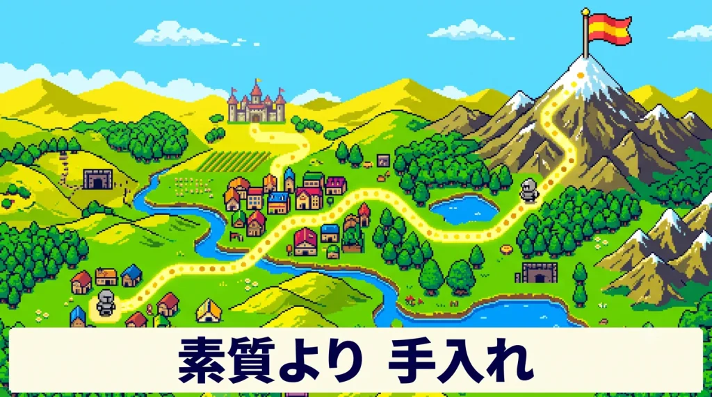 RPGのワールドマップ画面。スタート地点から光る一本道が丘や街を越えて頂上ではためく旗まで続く、ピクセルアートのアイキャッチ画像。