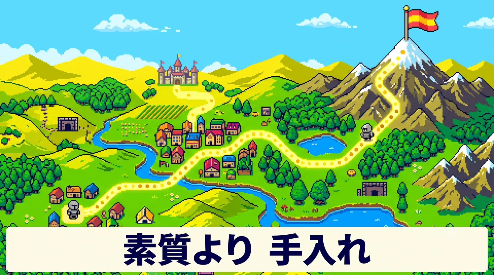 RPGのワールドマップ画面。スタート地点から光る一本道が丘や街を越えて頂上ではためく旗まで続く、ピクセルアートのアイキャッチ画像。