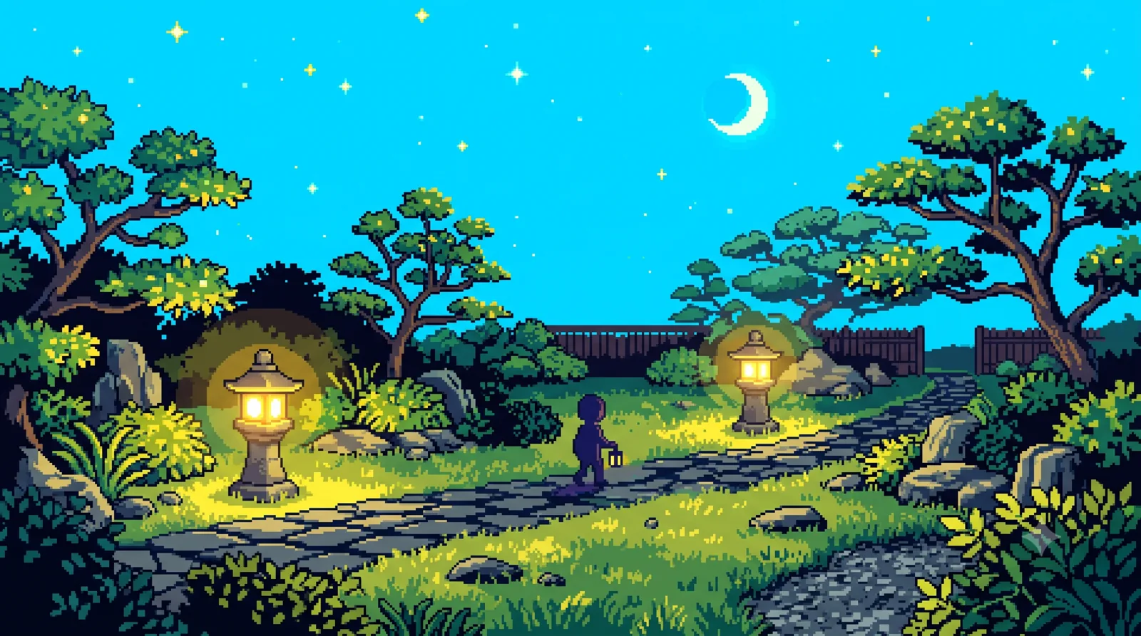 静かな夜の庭のステージに、程よい間隔で並ぶ二つの灯りの引きの構図。ピクセルアートの挿絵。